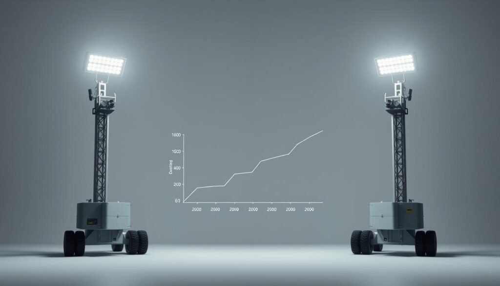 A comparative cost analysis of renting versus owning lighting towers, showcased in a clean, minimalist infographic-style composition. In the foreground, two identical lighting towers stand side by side, one labeled "Rental" and the other "Purchase", allowing for a clear visual comparison. The middle ground features a simple line graph or chart, displaying the relevant cost data over time, highlighting the breakeven point where purchasing becomes more economical than renting. The background maintains a neutral, muted tone, keeping the focus on the key visual elements. Crisp lighting illuminates the scene, emphasizing the technical nature of the subject matter, while a subtle sense of depth and perspective adds balance and structure to the overall composition.