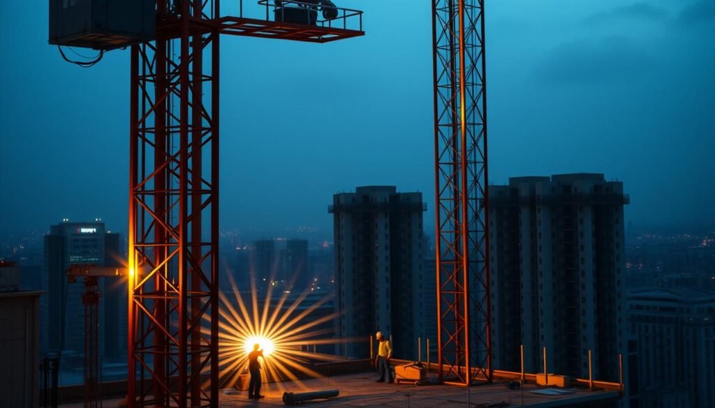 A modern high-rise construction site with a towering lighting rig in the foreground, illuminating the scene with a warm, golden glow. In the middle ground, construction workers diligently working, their movements captured in a burst of activity. The background features the silhouettes of surrounding buildings, creating a sense of urban density. The overall atmosphere conveys efficiency, productivity, and the advantages of renting specialized equipment like this lighting tower to avoid delays and keep the project on schedule.