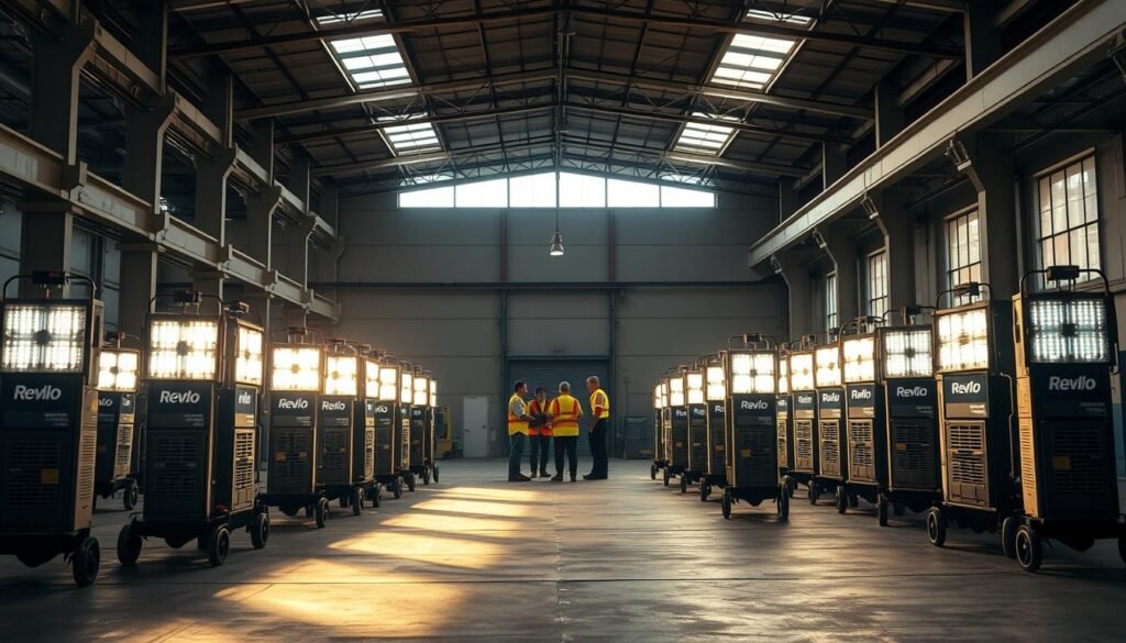 A modern, well-lit industrial warehouse interior with rows of Revlo brand lighting towers standing prominently in the foreground. The towers are illuminated with warm, diffused lighting, casting dramatic shadows across the concrete floor. In the middle ground, a group of workers in reflective safety gear are inspecting and adjusting the equipment. The background features high ceilings, exposed beams, and large windows allowing natural daylight to filter in, creating a balanced, professional atmosphere. The scene conveys the reliability, safety, and technical expertise of the Alugue Pro rental service.