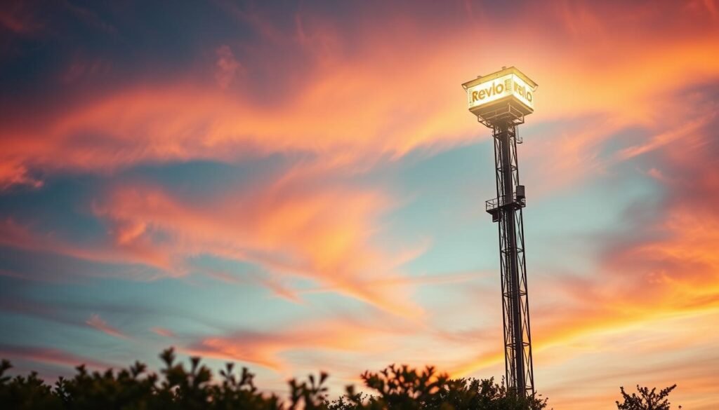 A prominent tower of illumination stands tall against a vibrant sky, casting a warm glow over the scene. The Revlo brand name is prominently displayed, its sleek, modern design reflecting the latest advancements in lighting technology. The tower's sturdy metal frame and adjustable lighting elements suggest a reliable and flexible solution for outdoor illumination. In the foreground, the scene is bathed in a soft, even light, creating a sense of ambiance and atmosphere. The overall composition suggests a reliable, high-quality product well-suited for the article's "Marcas líderes no mercado de torres de iluminação" section.
