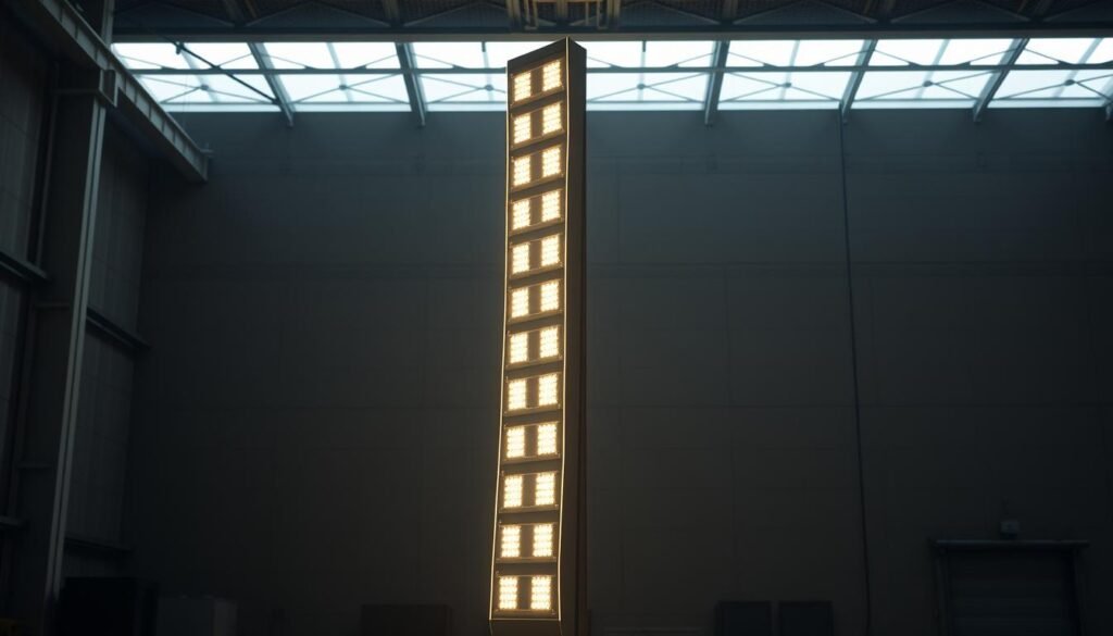 A sleek, modern lighting tower stands tall in a well-lit industrial setting. The tower's graceful, minimalist design features a series of bright LED lamps arranged in a symmetrical pattern, casting a warm, even glow across the scene. The tower is positioned in the foreground, with a clean, uncluttered background featuring concrete walls and a high ceiling, suggesting a warehouse or production facility. The lighting is directional, creating dramatic shadows and highlights that accentuate the tower's form. The overall mood is one of efficiency, functionality, and a touch of elegance, perfectly suited for showcasing the key criteria for selecting the right lighting tower.