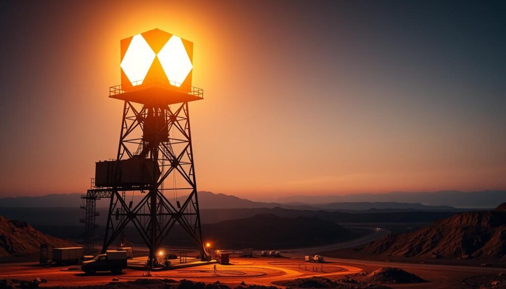 A sprawling diesel power tower stands tall, its sleek metal frame and powerful engine illuminating the rugged mining landscape. The tower's multi-faceted head emits a warm, diffuse glow, casting a soft light across the scene. In the foreground, the tower's sturdy base is anchored firmly to the ground, exuding a sense of reliability and durability. The middle ground is dotted with smaller support structures and equipment, hinting at the tower's integration within the larger mining operation. In the background, a hazy silhouette of distant hills and mountains adds depth and a sense of scale to the composition. The overall mood is one of industrial efficiency and dependability, perfectly suited to power the critical lighting needs of a mining site.