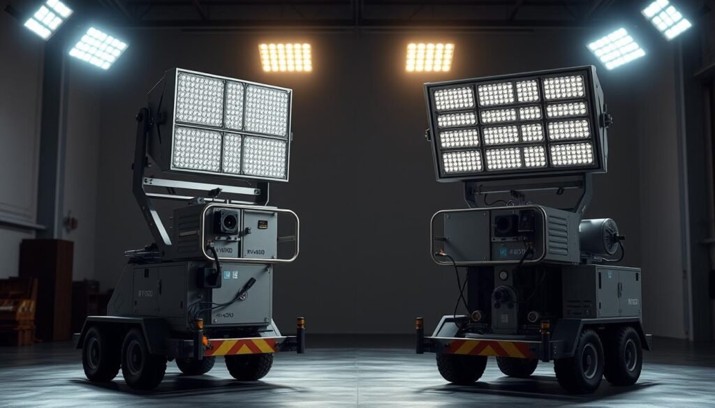 Detailed comparison of two industrial lighting towers, the RV 4000 and RV 4800, captured in a well-lit studio setting. The foreground features the towers in profile, their metallic frames and powerful LED arrays clearly visible. The middle ground showcases the towers' control panels and deployment mechanisms. The background is softly blurred, emphasizing the technical focus. Lighting is balanced, with both direct and ambient illumination highlighting the towers' features. The overall tone is professional and informative, suitable for an authoritative article on construction equipment.