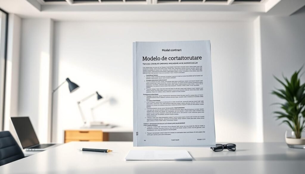 Detailed model contract document floating in a well-lit, minimalist office setting. In the foreground, the document's title "Modelo de contrato Alugue Pro Revlo torres de iluminação" is prominently displayed, showcasing the key subject matter. The middle ground features a modern desk with a laptop, pen, and other stationery items, creating a professional, corporate atmosphere. The background is a clean, white wall, allowing the document to be the central focus. The lighting is soft and evenly distributed, creating a sense of clarity and organization. The overall mood is one of formal, business-like presentation, appropriate for illustrating a legal contract section.
