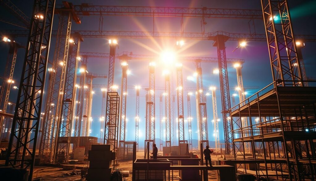 Rent-a-Light: A Bright Idea for Construction Sites A vast construction site, framed by a towering array of illumination towers. Sturdy metal frames support powerful LED lamps, casting a warm, even glow across the worksite. In the foreground, workers busily assemble scaffolding, their shadows stretching long against the vibrant backdrop. The scene exudes a sense of efficient productivity, with the rental towers providing reliable, flexible lighting solutions to keep the project on track, even after sundown. Subtle lens flare accentuates the technical precision, while a cool, bluish hue in the background suggests the nighttime setting. This image showcases the key benefits of renting lighting towers - consistent illumination, adaptable placement, and uninterrupted progress, essential for the "Benefícios do Aluguel de Torres de Iluminação" section.