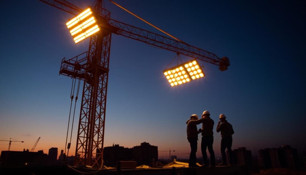 A construction site at dusk, a towering lighting rig stands tall, its powerful lamps illuminating the area with a warm, golden glow. The rig's intricate structure, made of sturdy metal and sleek design, casts dramatic shadows across the ground. In the foreground, construction workers meticulously adjust the lighting, ensuring optimal illumination for the ongoing project. The background is filled with the silhouettes of surrounding buildings, creating a sense of depth and urban setting. The scene conveys a harmonious balance between functionality and artistry, capturing the essence of calculating the ideal rental duration for a lighting tower.