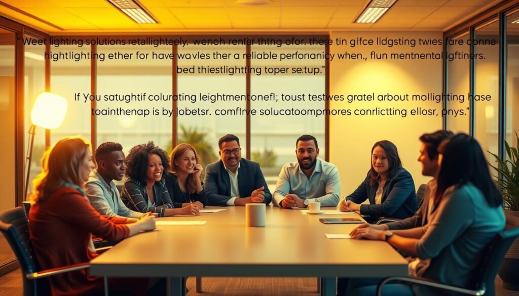 A cozy office setting, with a group of diverse individuals seated around a conference table, engaged in a lively discussion. Warm lighting highlights their attentive expressions as they share their experiences and testimonials about the reliable performance and hassle-free setup of the rental lighting towers. The background features a clean, modern interior with large windows, lending an air of professionalism and trust. The scene conveys a sense of satisfied customers, confident in the quality of the lighting solutions they have utilized, creating a visually compelling representation of the section's title.