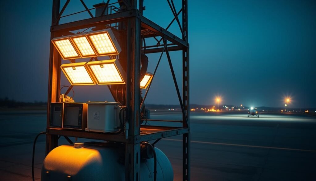 A diesel-powered industrial lighting tower stands prominently against a backdrop of a remote airport tarmac. The sturdy, weathered metal frame supports an array of bright LED floodlights, casting a warm, even glow across the scene. In the foreground, the tower's control panel and fuel tank are visible, hinting at the robust functionality required for reliable off-grid operation. The wide-angle lens captures the tower's imposing scale, emphasizing its role in illuminating the expansive, dimly lit airfield. The overall mood is one of dependable utility, with the diesel-powered lighting tower serving as a crucial infrastructure element in this remote, isolated setting.