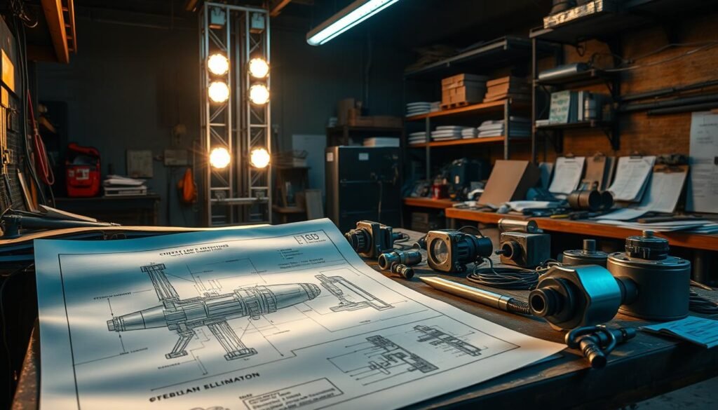 A dimly lit industrial workshop, filled with technical diagrams, engineering tools, and metallic components scattered across a cluttered workbench. In the foreground, a detailed blueprint of a lighting tower's technical specifications, its intricate mechanical details illuminated by a focused pool of warm, directional lighting. The middle ground features an array of critical components - wiring harnesses, hydraulic systems, and specialized fixtures - arranged in an organized, almost artistic manner. In the background, shelves stocked with spare parts and maintenance manuals hint at the complexity and requirements of properly maintaining and deploying these towering illumination structures. An atmosphere of precision, dedication, and the diligent attention to technical requirements pervades the scene.