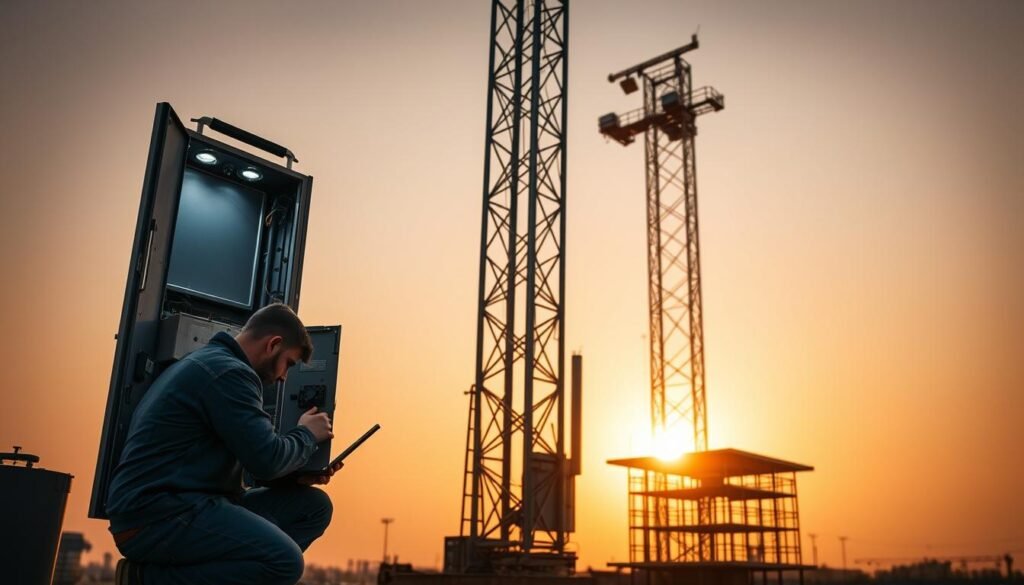 A maintenance technician performing diagnostics on a temporary lighting tower, its tall steel structure silhouetted against a warm, golden sunset sky. The foreground shows the technician crouched beside an open control panel, meticulously inspecting the internal components. The middle ground features the tower's intricate framework and adjustable lighting fixtures, while the background depicts a construction site or outdoor event venue, suggesting the tower's practical application. The scene conveys a sense of focused professionalism and attention to detail in ensuring the proper functioning of this essential temporary lighting equipment.