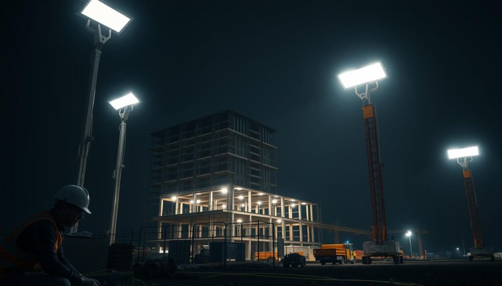 A modern, well-lit construction site at night, featuring the Revlo brand's high-quality lighting towers towering above the scene. The foreground shows construction workers diligently at work, their faces illuminated by the powerful LED lamps. The middle ground showcases the sleek, versatile design of the Revlo towers, with their adjustable height and 360-degree rotation capabilities. In the background, the partially completed building structure stands tall, its outlines sharply defined by the bright, uniform lighting. The overall atmosphere conveys a sense of efficiency, safety, and technological sophistication, highlighting the advantages of the Revlo lighting solution for emergency construction projects.