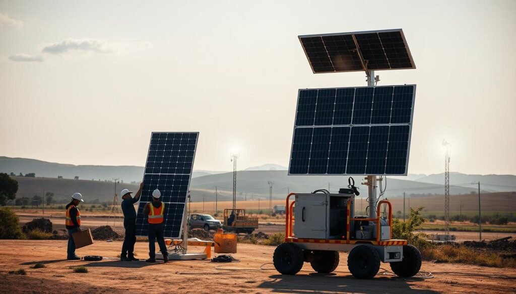 A serene, well-lit outdoor scene showcasing the diverse applications of solar-powered lighting towers. In the foreground, a group of workers expertly assemble a portable tower, its sturdy frame and solar panels gleaming in the soft, diffused sunlight. In the middle ground, several towers stand tall, illuminating a construction site or remote work area with bright, sustainable light. The background features a tranquil rural landscape, with rolling hills and lush vegetation, emphasizing the towers' versatility in both urban and natural settings. The overall atmosphere conveys a sense of efficiency, environmental consciousness, and adaptability - key attributes of these innovative solar lighting solutions.