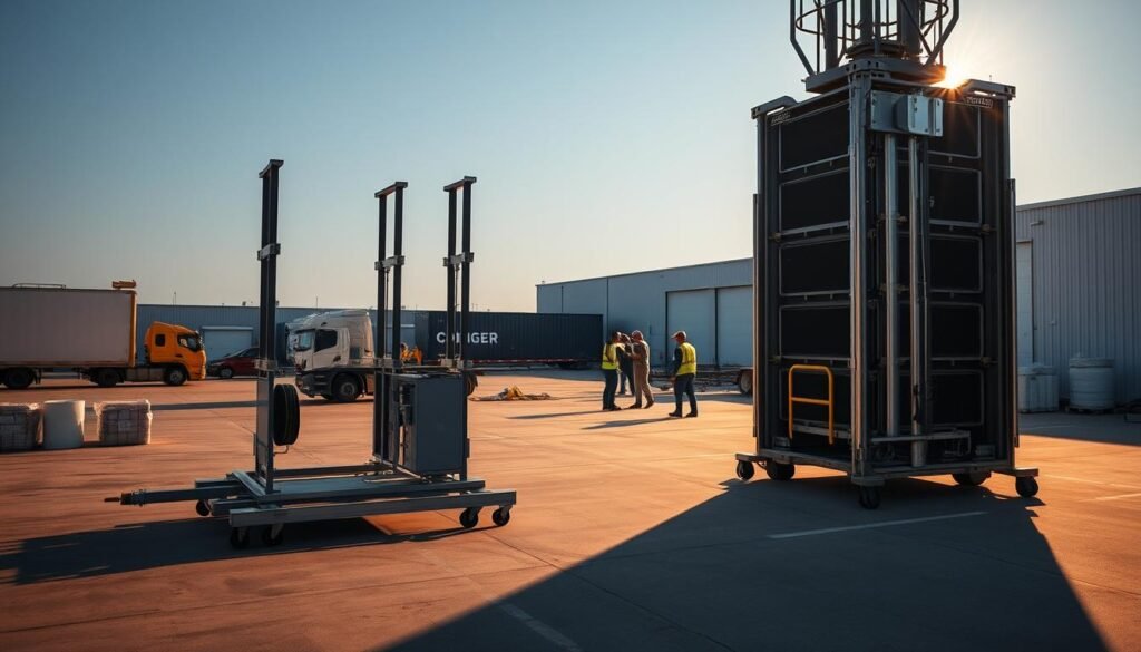 A well-lit, meticulously detailed scene depicting the ease of transporting and assembling a mobile lighting tower. In the foreground, a sturdy, modular tower stands disassembled, its sleek components neatly arranged for efficient packing. The middle ground showcases the process of reassembly, with a team of workers efficiently interlocking the parts, hinting at the tower's quick setup. The background features a spacious, uncluttered workspace, conveying the accessibility and convenience of the lighting solution. Soft, directional lighting casts subtle shadows, accentuating the tower's robust construction and the workers' effortless movements. The overall atmosphere radiates a sense of streamlined logistics and dependable performance.