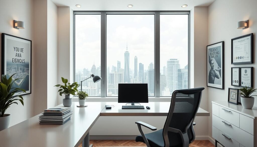A well-lit, modern office space with a minimalist desk, ergonomic chair, and a large window overlooking a bustling city skyline. On the desk, a potted plant and a neat stack of documents, suggesting an organized and efficient work environment. The walls are adorned with inspirational artwork and framed certificates, creating a professional yet inviting atmosphere. Subtle lighting fixtures cast a warm glow, and the overall composition conveys a sense of productivity and attention to detail - the perfect setting to discuss "Dicas para um Aluguel Eficiente".