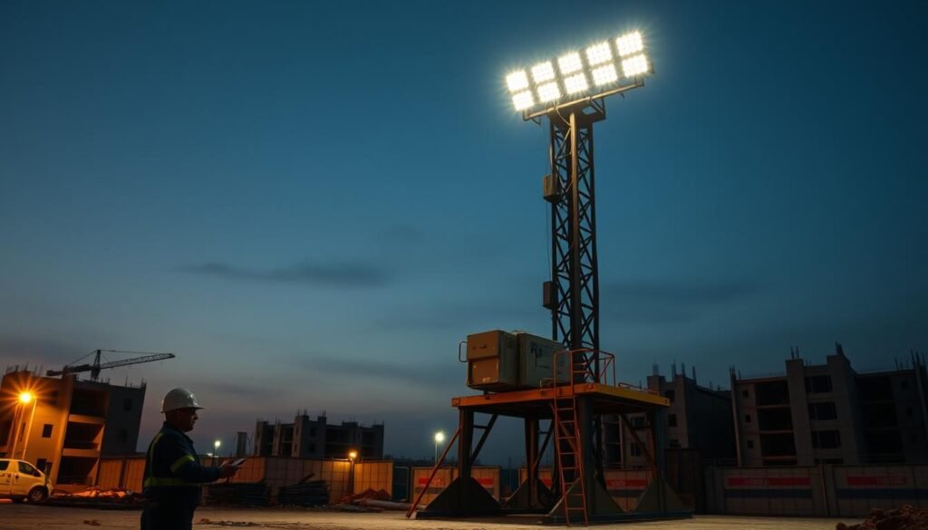 A rugged, diesel-powered tower illuminates a construction site at dusk. The tall, robust frame stands tall, supporting an array of bright LED floodlights that cast a warm, even glow across the work area. The tower's sturdy base and stabilizers ensure stability, even in windy conditions. In the foreground, a technician checks the controls, ensuring seamless, reliable operation. The background features partially constructed buildings, hinting at the tower's purpose of providing ample, dependable illumination for nighttime construction. The scene conveys a sense of efficiency, durability, and practicality - key advantages of this diesel-powered lighting solution.