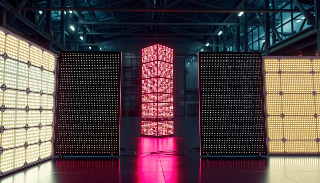 High-tech LED lighting technology with a sleek, modern design. Arrange a glowing array of LED panels illuminating the foreground, showcasing their intricate, efficient components. In the middle ground, display a sophisticated LED tower structure, its dynamic lighting patterns creating a visually striking display. Set this against a softly blurred industrial or architectural backdrop, evoking a sense of advanced, sustainable energy solutions. Utilize dramatic lighting, reflections, and shadows to emphasize the cutting-edge, futuristic aesthetic of this innovative LED technology.